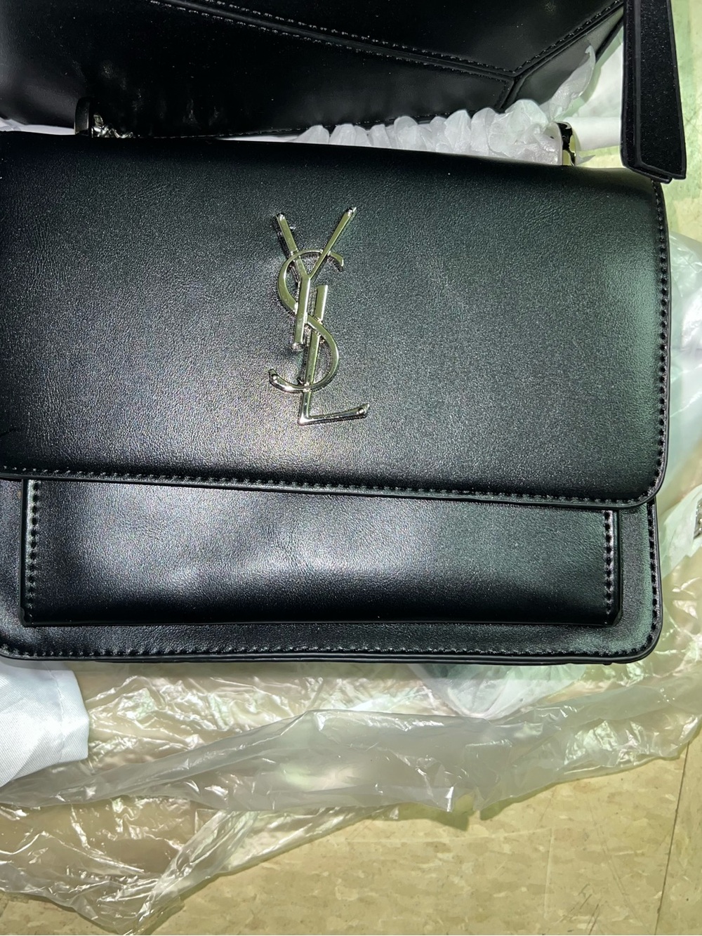 Black Smooth Leather  Flap Crossbody
